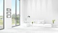 Brand new white loft bedroom minimal style interior design with copyspace wall and view out of window. 3D Rendering. Royalty Free Stock Photo