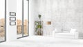 Brand new white loft bedroom minimal style interior design with copyspace wall and view out of window. 3D Rendering. Royalty Free Stock Photo