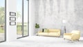 Brand new white loft bedroom minimal style interior design with copyspace wall and view out of window. 3D Rendering. Royalty Free Stock Photo