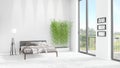 Brand new white loft bedroom minimal style interior design with copyspace wall and view out of window. 3D Rendering. Royalty Free Stock Photo