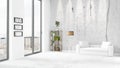 Brand new white loft bedroom minimal style interior design with copyspace wall and view out of window. 3D Rendering. Royalty Free Stock Photo