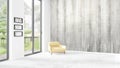 Brand new white loft bedroom minimal style interior design with copyspace wall and view out of window. 3D Rendering. Royalty Free Stock Photo