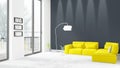 Brand new white loft bedroom minimal style interior design with copyspace wall and view out of window. 3D Rendering. Royalty Free Stock Photo