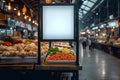 Brand presence Mock up poster or signboard on a blurred food market