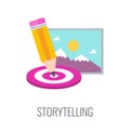 Brand storytelling icon. Pencil, target and image.