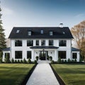 A brand white contemporary farmhouse with a dark shingled roof and black windows