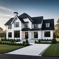 A brand white contemporary farmhouse with a dark shingled roof and black windows