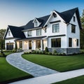 A brand white contemporary farmhouse with a dark shingled roof and black windows is seen in OAK on