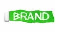 BRAND. Word collage appearing behind green torn paper