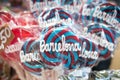 Branded lollypop candy in tourist souvenir shop in barcelona spa