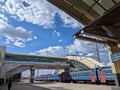 Branded train Bayanaul in the parking lot at the platform of the railway station. Travel across Kazakhstan. Summer, natural light