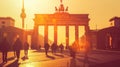 Brandenburg Gate is bathed in the warm glow of an autumn sunrise.