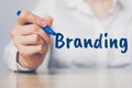 Branding concept - hand writes an inscription with a blue pen Royalty Free Stock Photo