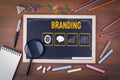 Branding concept. On a wooden table chalk board Royalty Free Stock Photo