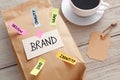 Branding marketing concept with paper bag and brand tag Royalty Free Stock Photo