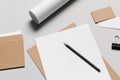 Branding Stationery Mock-Up - Kraft & White - Letterhead A4, DL Envelope, Compliments Slip 99x210mm, Business Cards 85x55mm Royalty Free Stock Photo