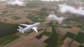 Brandless passenger plane flies above suburbs 4K