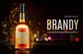 Brandy bottle mockup banner. Closed blank flask