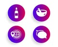 Brandy bottle, World travel and Cooking mix icons set. Talk bubble sign. Whiskey, Map pointer, Bowl. Vector