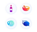 Brandy bottle, World travel and Cooking mix icons set. Talk bubble sign. Whiskey, Map pointer, Bowl. Vector