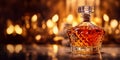 Brandy cognac crystal glassware decanter on table with chimney fire background.Macro.AI Generative