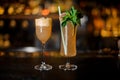 Brandy Crusta and Sherry Cobbler standing on the bar counter