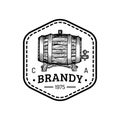 Brandy logo. Vector cognac sign with wooden barrel. Typographic label with hand sketched keg for restaurant, bar menu.