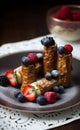 Brandy snaps with white chocolate mousse and summer berries,