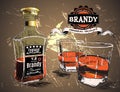 Brandy was pour in two glasses with bottle Royalty Free Stock Photo