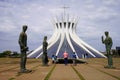 BRASILIA, BRAZIL - AUGUST 30, 2023: Cathedral of Brasilia with three Evangelists sculptures in foreground , Brazil
