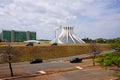 BRASILIA, BRAZIL - AUGUST 30, 2023: Sight on Brasilia the futuristic city with the Cathedral designed by Oscar Niemeyer, Brazil