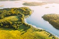 Braslaw Or Braslau, Vitebsk Voblast, Belarus. Aerial View Of Nedrava Lake, Green Forest And Meadow Landscape In Royalty Free Stock Photo