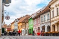 Brasov Republicii street and Council square in the evening during spring season . The most important street and sqaure in the