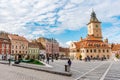 Brasov Republicii street and Council square in the evening during spring season . The most important street and sqaure in the