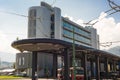 Modern trolleybus station on bright summer day.