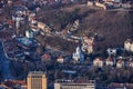 BRASOV, ROMANIA - 26 February 2020:Brasov, Transylvania. Romania. Panoramic view of the old town and Council Square in the winter Royalty Free Stock Photo