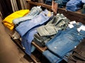 Jeans in different color and size at the local mall. Royalty Free Stock Photo