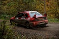 Brasov / Romania - 10/19/2019: Tess Rally 48 - RÃÆzvan Trisnevschi and his Mitsubishi Lancer EvoIX on PS8 - Glejerie