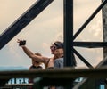 Brasov/Romania - :06.28.2020: Two girls taking a selfie on top of Mount Tampa, Brasov Royalty Free Stock Photo