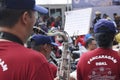 Brass band players playing a musical instrument while Royalty Free Stock Photo