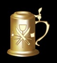 Brass beer tankard with relief of malting tools. 3d photorealistic pitcher on black background. Elegant golden beer jug