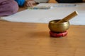 Brass bowl on the cloth base lay on the wood floor. It`s the Asian vintage gimmick to ring a signal and sound for notice the