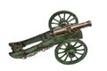 Brass cannon on green painted carriage old vintage isolated on w Royalty Free Stock Photo