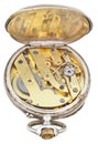 Brass clockwork of vintage silver pocket watch