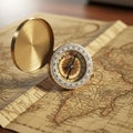 A brass compass with a decorative, classic design rests open on a vintage-style map Royalty Free Stock Photo