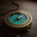 A brass compass with intricate engravings encircles a blue-green face marked with Royalty Free Stock Photo