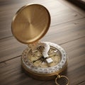Brass compass with a question mark on its needle, lying open on a wooden surface. Royalty Free Stock Photo