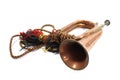 A Brass and Copper Small Bugle Instrument On White Background