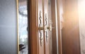 Brass door with glass inserts and handles with ornate escutcheons on a wooden cabinet , close up, authentic interior home