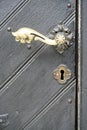 Brass door knob of a grey door Royalty Free Stock Photo